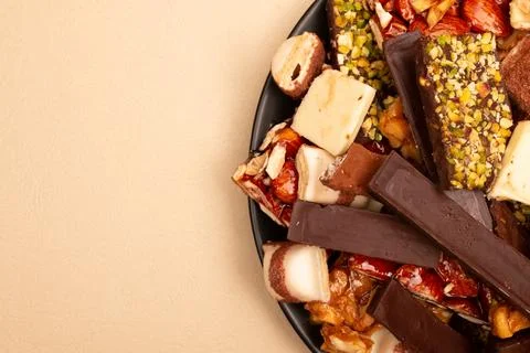 Top view composition or background with delicious chocolate Stock Photos