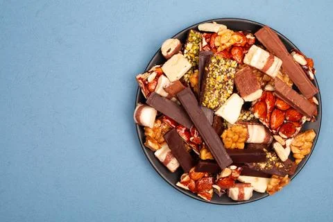 Top view composition or background with delicious chocolate Stock Photos