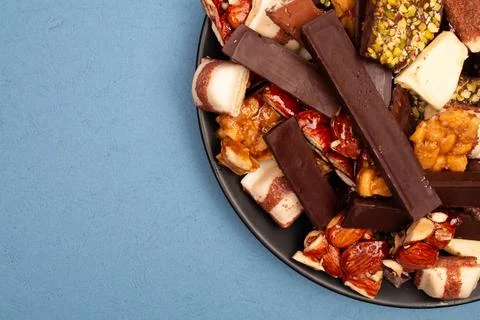 Top view composition or background with delicious chocolate Stock Photos