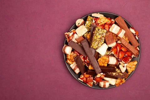 Top view composition or background with delicious chocolate Stock Photos