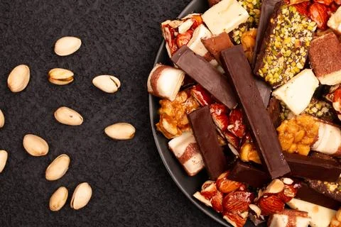 Top view composition or background with delicious chocolate Stock Photos