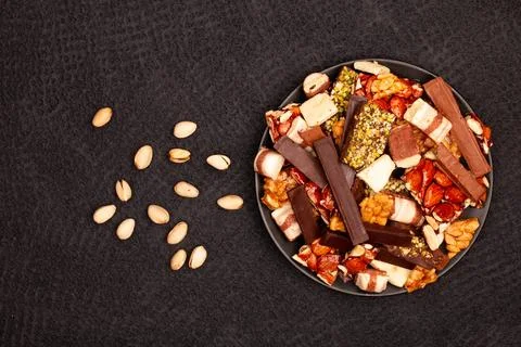 Top view composition or background with delicious chocolate Stock Photos