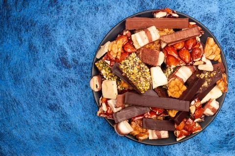 Top view composition or background with delicious chocolate Stock Photos