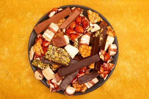 Top view composition or background with delicious chocolate Stock Photos