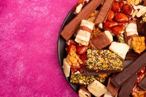 Top view composition or background with delicious chocolate Stock Photos