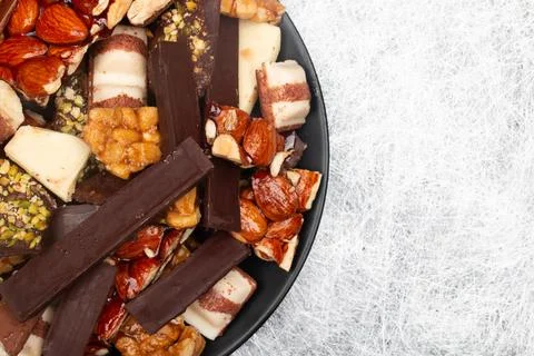 Top view composition or background with delicious chocolate Stock Photos