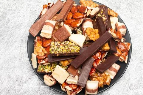 Top view composition or background with delicious chocolate Stock Photos