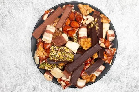 Top view composition or background with delicious chocolate Stock Photos