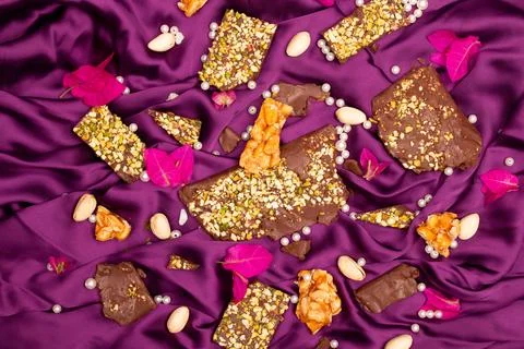 Top view composition or background with delicious chocolate Stock Photos