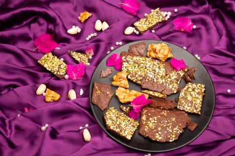 Top view composition or background with delicious chocolate Stock Photos