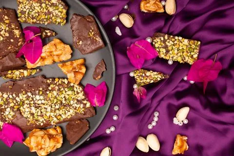 Top view composition or background with delicious chocolate Stock Photos