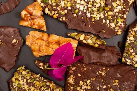 Top view composition or background with delicious chocolate Stock Photos