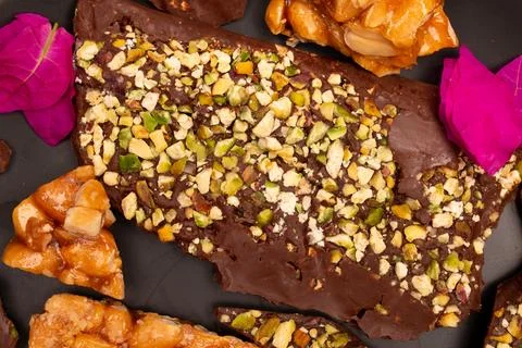 Top view composition or background with delicious chocolate Stock Photos