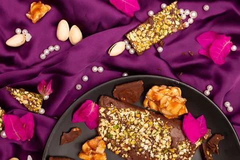 Top view composition or background with delicious chocolate Stock Photos