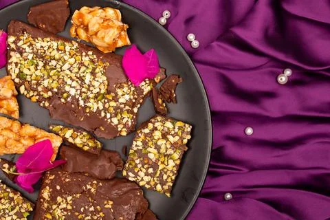 Top view composition or background with delicious chocolate Stock Photos