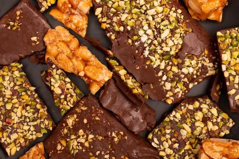 Top view composition or background with delicious chocolate Stock Photos