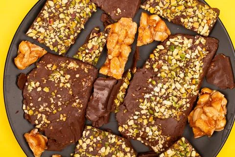 Top view composition or background with delicious chocolate Stock Photos