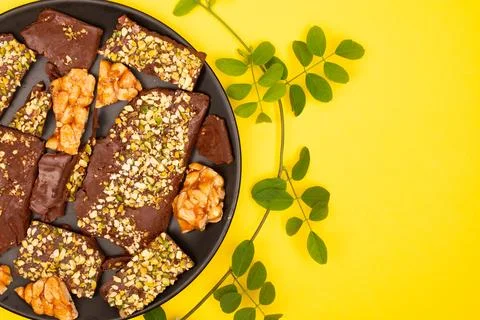 Top view composition or background with delicious chocolate Stock Photos