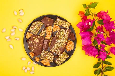 Top view composition or background with delicious chocolate Stock Photos