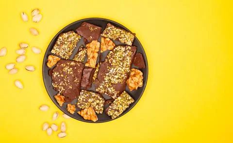 Top view composition or background with delicious chocolate Stock Photos