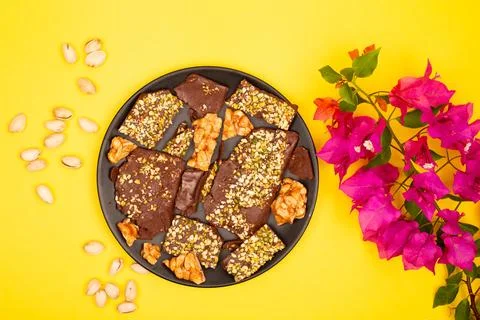 Top view composition or background with delicious chocolate Stock Photos