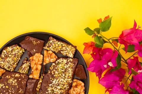 Top view composition or background with delicious chocolate Stock Photos