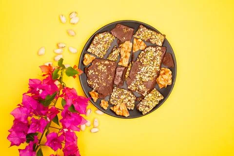 Top view composition or background with delicious chocolate Stock Photos