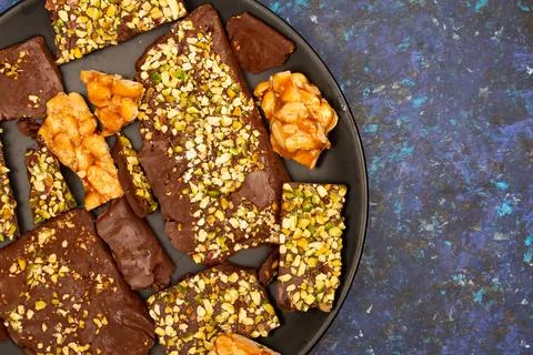 Top view composition or background with delicious chocolate Stock Photos