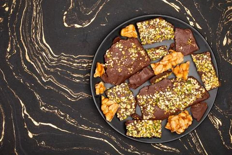 Top view composition or background with delicious chocolate Stock Photos