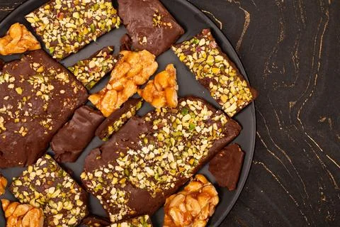 Top view composition or background with delicious chocolate Stock Photos