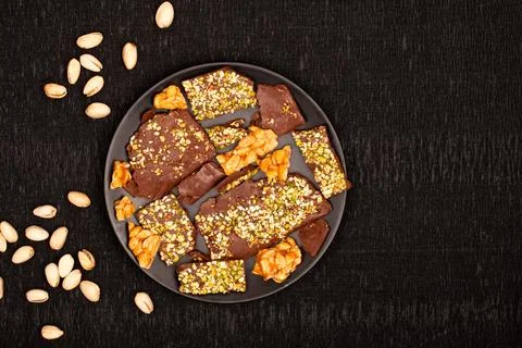 Top view composition or background with delicious chocolate Stock Photos