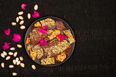 Top view composition or background with delicious chocolate Stock Photos