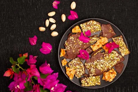 Top view composition or background with delicious chocolate Stock Photos