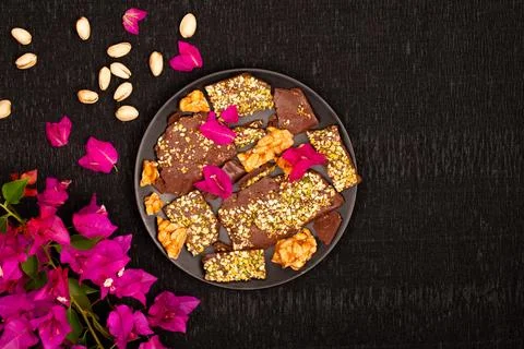 Top view composition or background with delicious chocolate Stock Photos