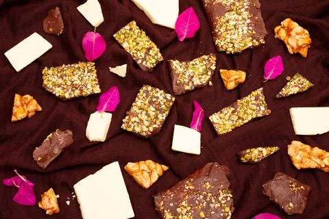 Top view composition or background with delicious chocolate Stock Photos