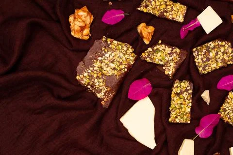 Top view composition or background with delicious chocolate Stock Photos