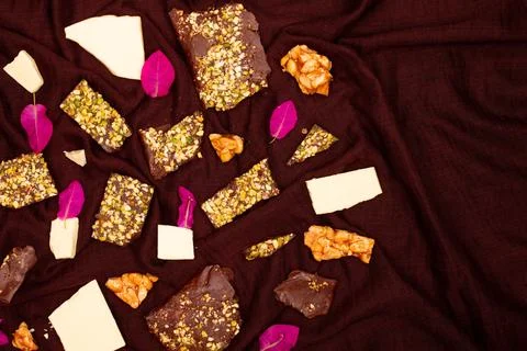 Top view composition or background with delicious chocolate Stock Photos