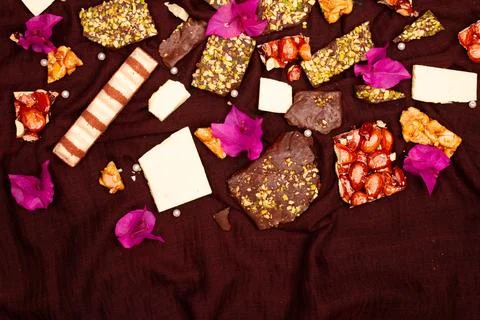 Top view composition or background with delicious chocolate Stock Photos