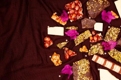 Top view composition or background with delicious chocolate Stock Photos