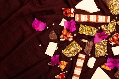 Top view composition or background with delicious chocolate Stock Photos