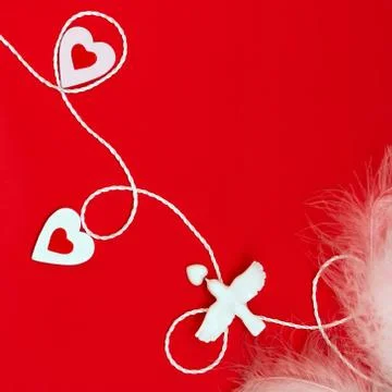  Top view of a composition for Valentine's Day on a red background with white Stock Photos