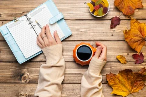 Top view composition with woman's hands in sweater, pumpkin styled cup of cof Stock Photos