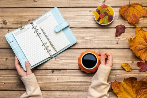 Top view composition with woman's hands in sweater, pumpkin styled cup of cof Stock Photos