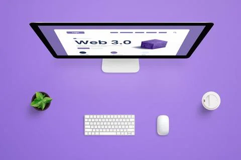 Top view composition of work desk with computer display and Web 3.0 presentat Stock Photos