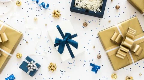 Top view composition wrapped presents. High quality and resolution beautiful Stock Photos