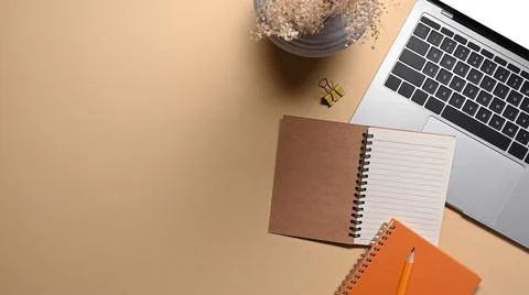 Top view computer laptop notebook and potted plant on beige background. 写真素材
