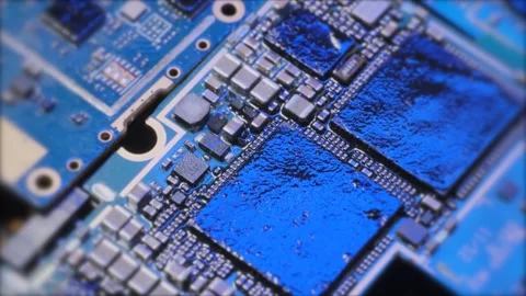 Top view computer motherboard in blue light, parts of supercomputer Stock Footage 270454819