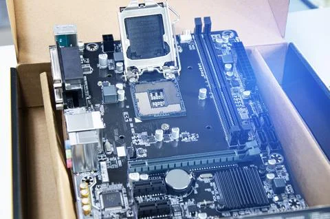 Top view of computer motherboard. Computer components. Motherboard and circ.. Stock Photos