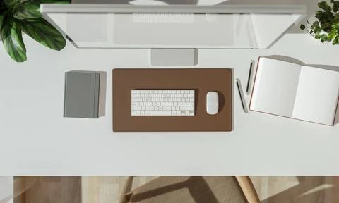 Top view of computer with open notebook and pencils aside potted plant on w.. Stock Illustration