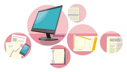 Top view computer, papers with numbers and charts Stock Illustration
